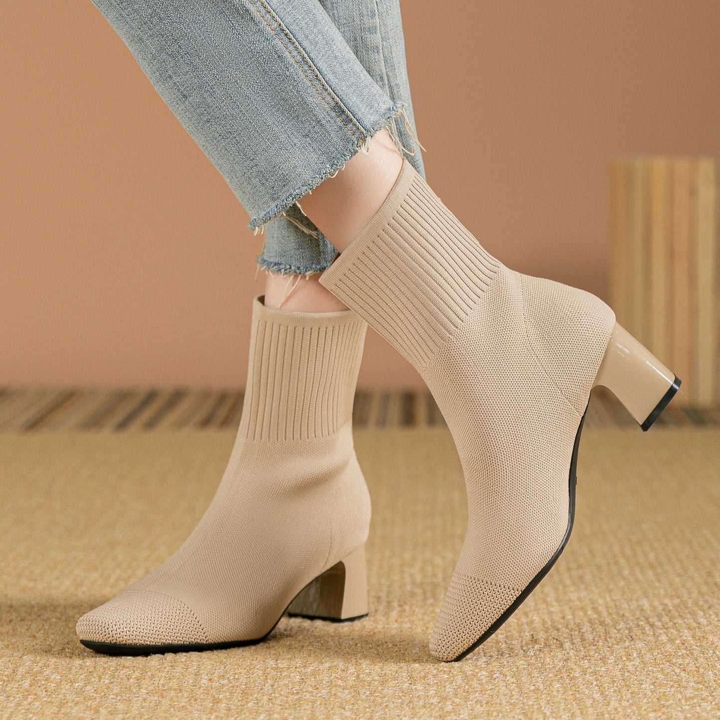 Bottes Chaussettes Tricotées à Talon Large