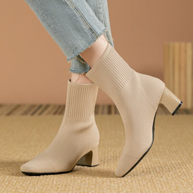Bottes Chaussettes Tricotées à Talon Large